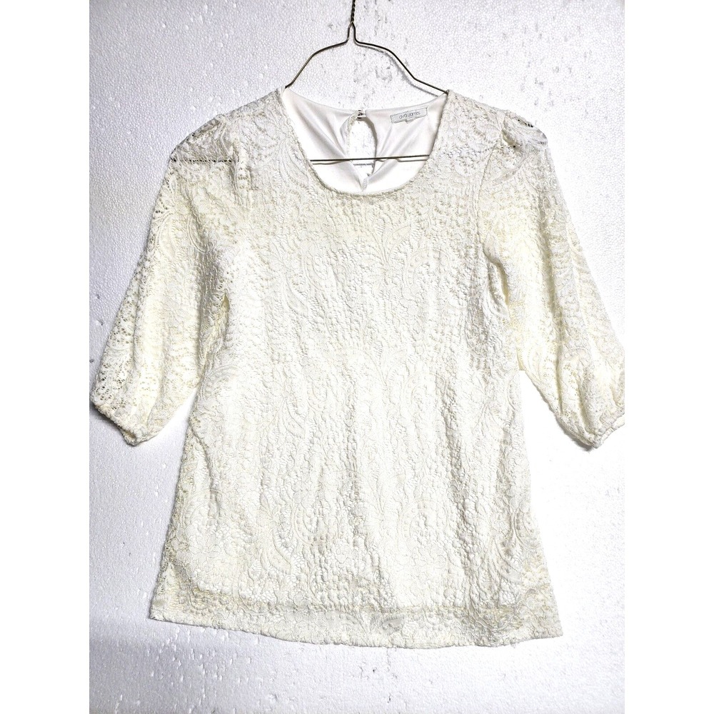 Ava James Top Women Medium White Short Sleeve Knitted Crochet Layered Pullover